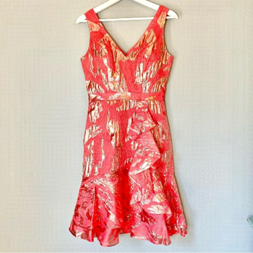 Marchesa Notte Strapless Ruffle-Hem V-Neck Coral Cocktail Dress NWT